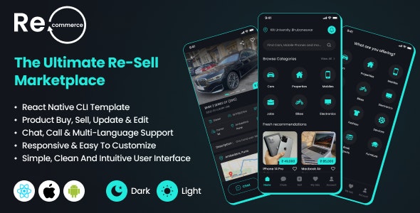 Recommerce – The Ultimate Re-Sell Marketplace | OLX clone React Native CLI template | Android iOS