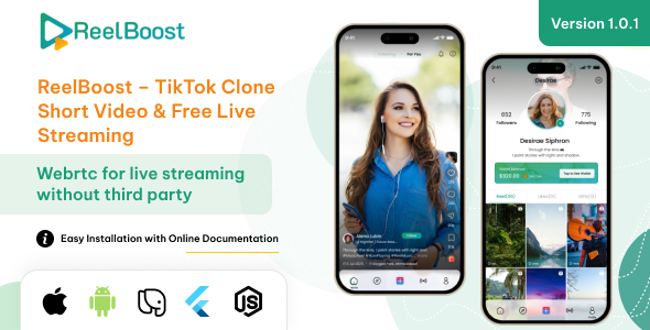 ReelBoost – TikTok Clone App | Short Video Live Streaming App With Admin Panel (Node,js Backend)
