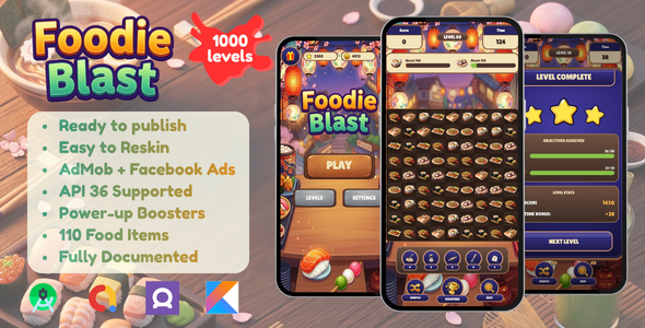 FoodieBlast – Match-3 Food Puzzle Android Game with AdMob Facebook Ads