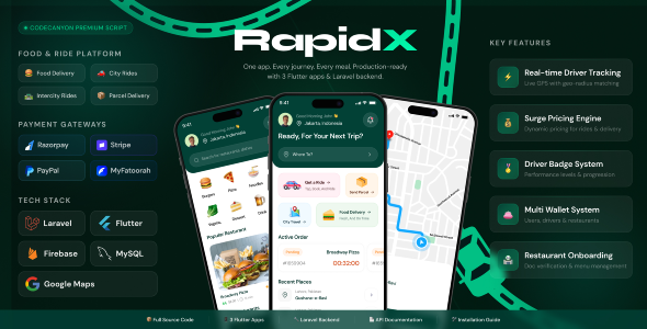 RapidX – Ride Booking and Food Delivery Flutter App With Laravel Admin Panel