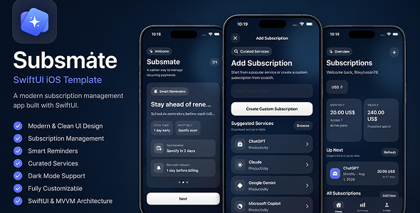 Subsmate – Subscription Manager Bill Tracker – iOS SwiftUI App Template