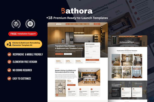 Bathora – Kitchen Bathroom Remodeling Elementor Template Kit