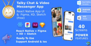 Chat Video Messenger App ANDROID + IOS + FIGMA + XD + Sketch | UI Kit | ReactNative | Talky