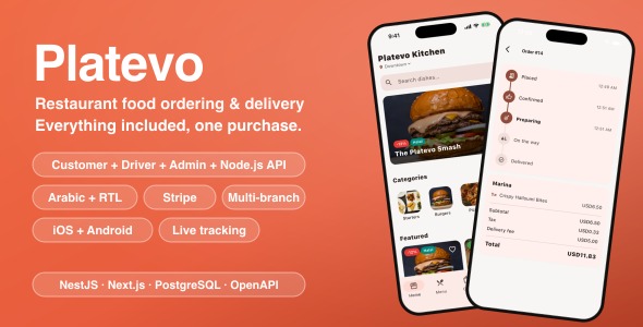 Platevo | Flutter Restaurant Food Delivery App Template With Node.js Backend and Admin Panel