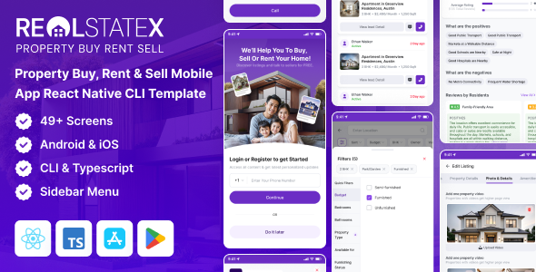 RealStateX – Property Buy, Rent Sell Classified React Native Mobile App Template