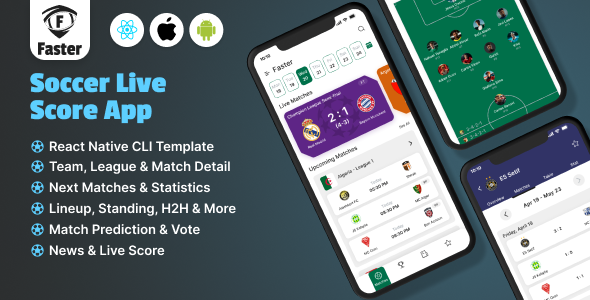 Soccer Live Scores App | React Native Mobile App Template | Teams, Scores, Matches, Stats, News.