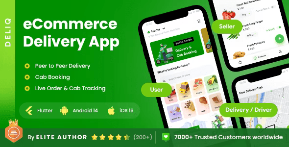 6 App Template| eCommerce| Cab Booking| Peer 2 Peer Delivery| Products Services Delivery| DeliQ