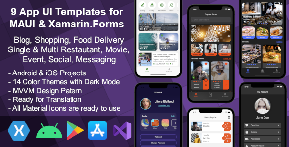 9 App UI Templates for MAUI .Net 8 and Xamarin: Shopping, Blog, Food Delivery, Movie, Event more