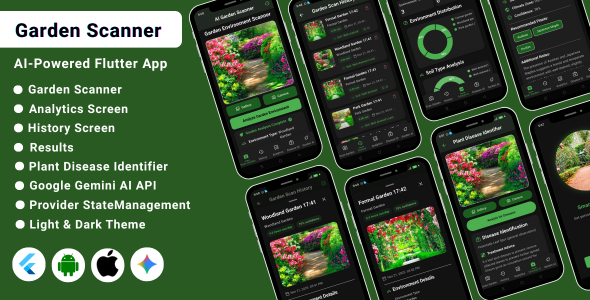 AI Garden Scanner Flutter App | Plant Identifier Garden Care Assistant | Light Dark Theme