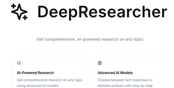 DeepResearcher – Perplexity AI inspired Full App Template, Web App, Web App, React, DeepSeek R1 V3