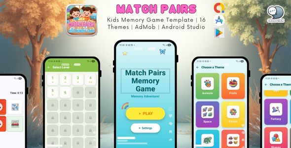 Match Pairs – Kids Memory Game Template | 16 Themes | AdMob | Android Studio